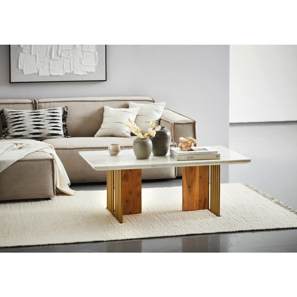 Thumbnail - Mid.you Couchtisch, Weiß, Akazie, Gold, Metall, Stein, Holz, Akazie, vollmassiv, rechteckig, eckig, 120x45x70 cm, einfac...