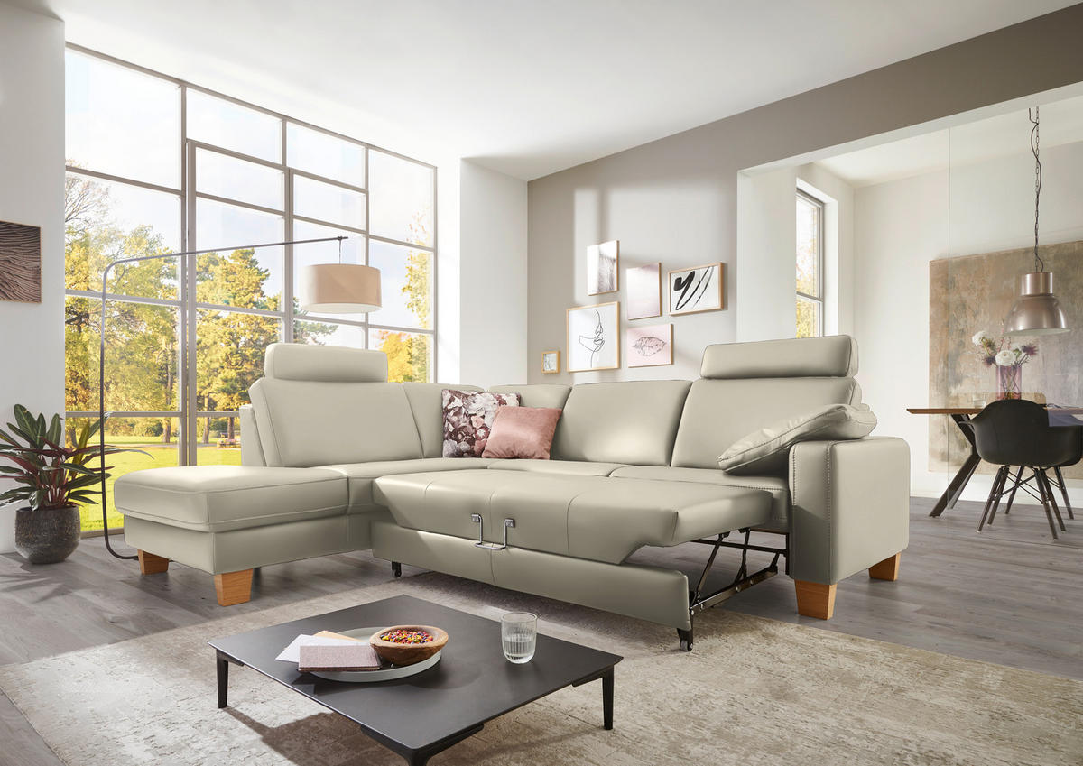 ECKSOFA in Echtleder Ecru  235/257 cm  - Ecru/Eiche Bianco, KONVENTIONELL, Leder/Holz (235/257cm) - Valdera