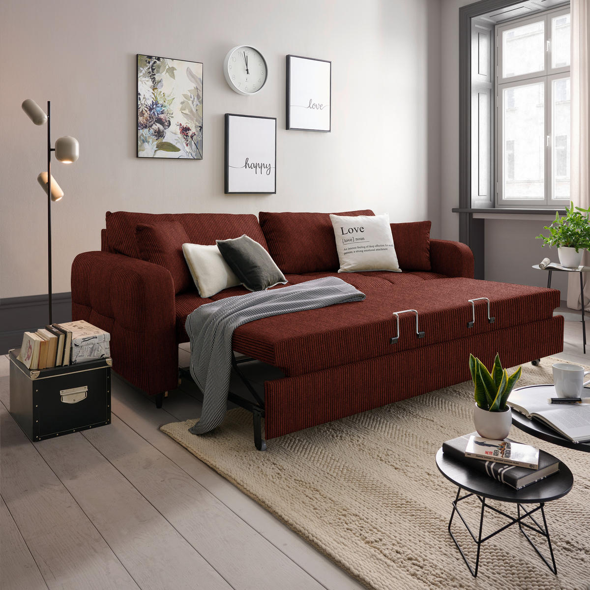 SCHLAFSOFA Cord, Velours Kupferfarben Stoffauswahl, Bettfunktion erhältlich, Rücken echt, Armteil links, Armteil rechts  - Schwarz/Kupferfarben, Design, Holz/Textil (236/88/101cm) - Lomoco
