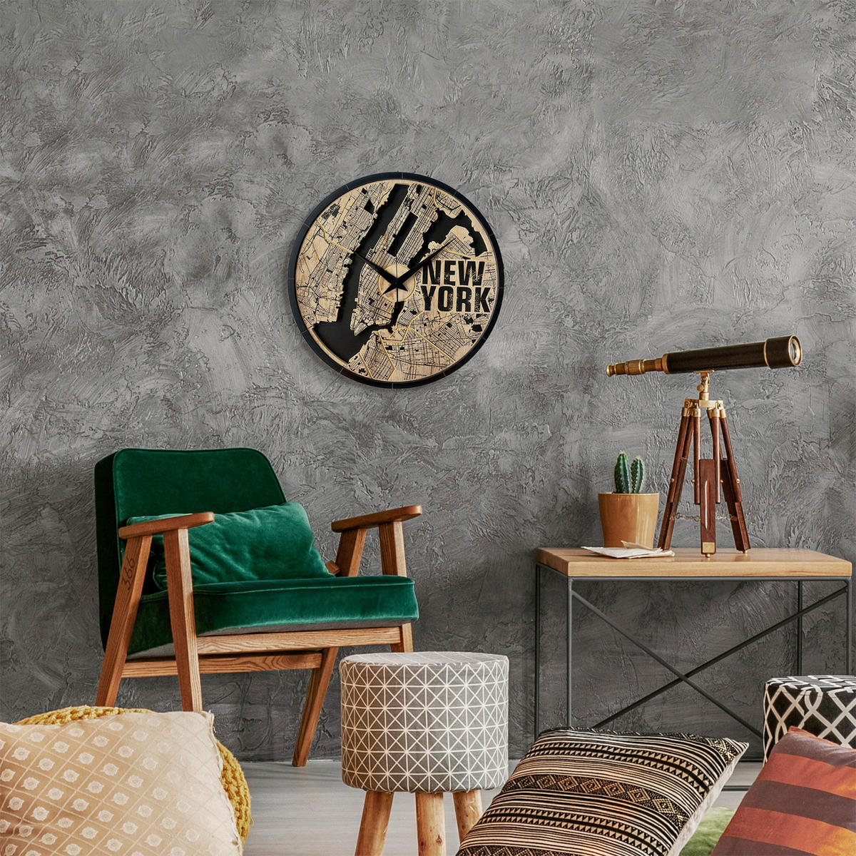 WANDUHR - Schwarz, Eichefarben  - Eichefarben/Schwarz, Basics, Holz/Kunststoff (57cm)