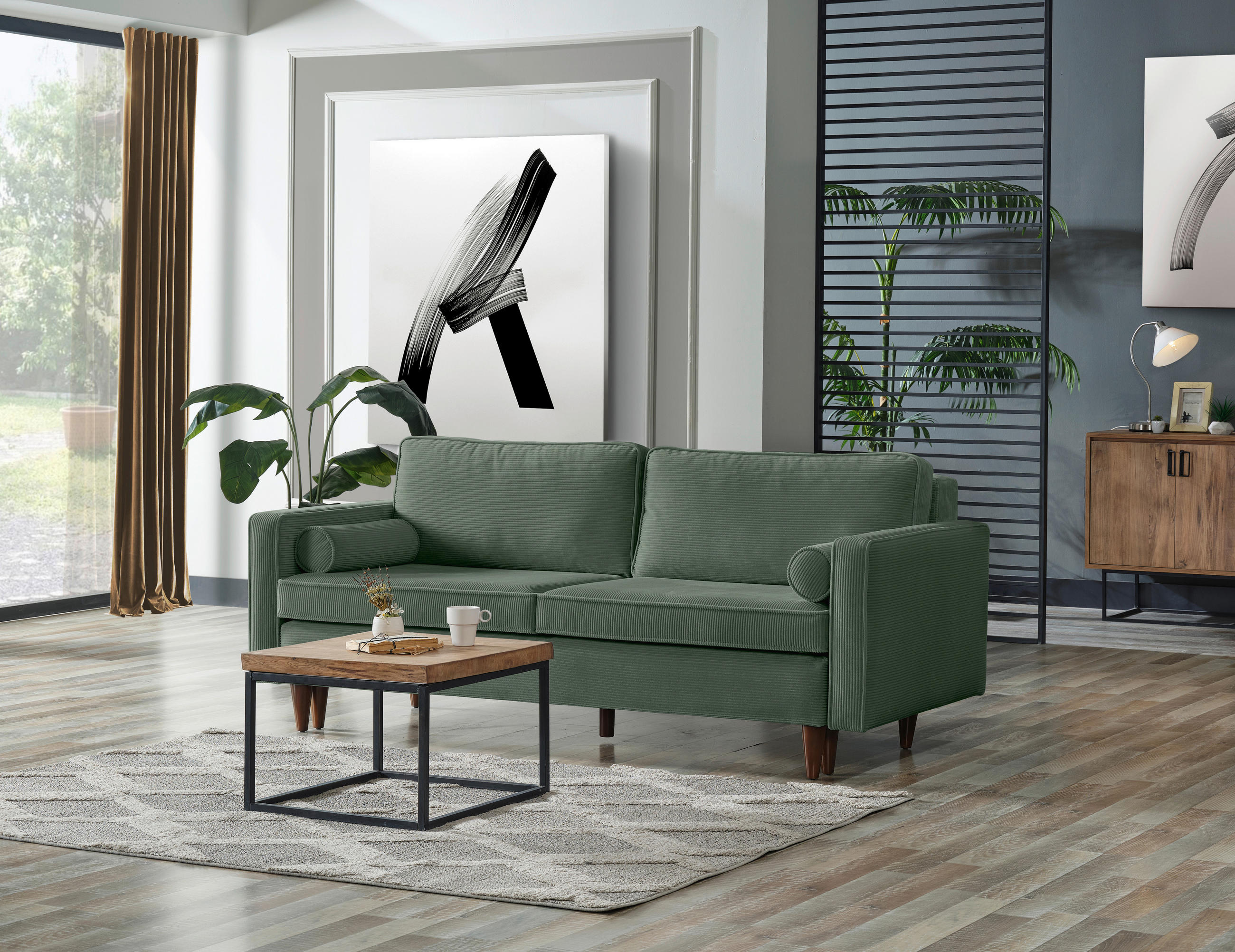 SCHLAFSOFA Cord Grün  - Buchefarben/Grün, MODERN, Holz/Textil (208/78/96cm) - Livetastic