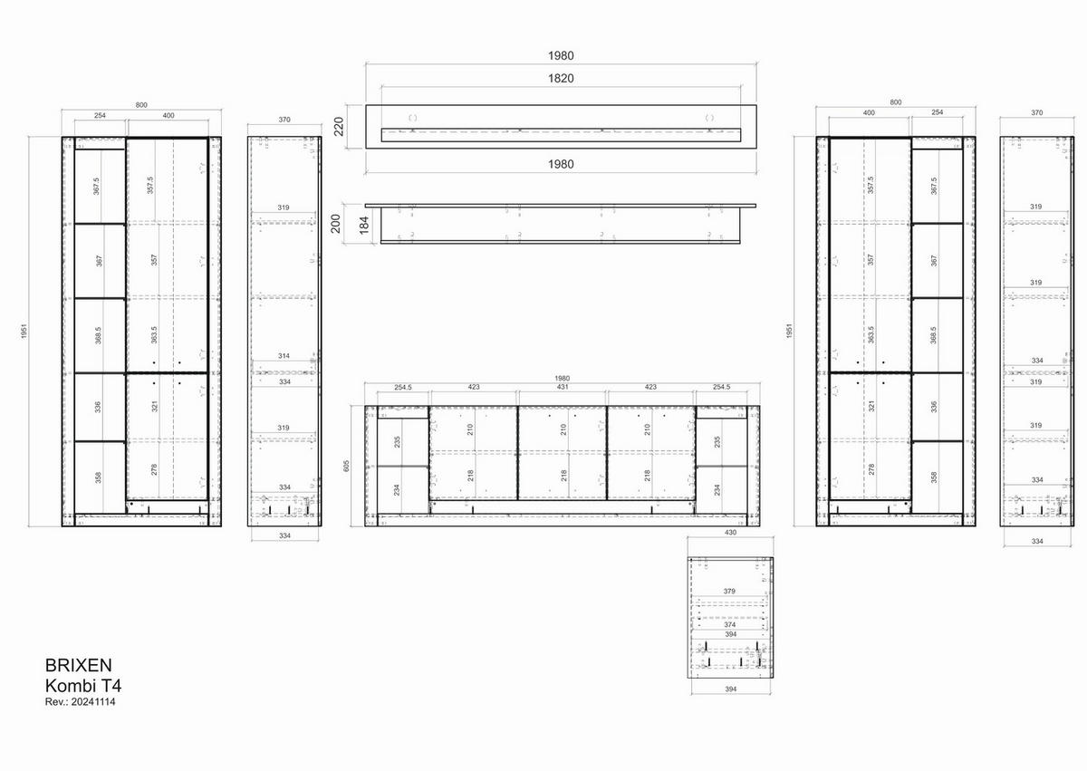 WOHNWAND 4-teilig  in Weiß, Eichefarben  398/195/43 cm  - Eichefarben/Schwarz, Design, Glas/Holzwerkstoff (398/195/43cm) - MID.YOU