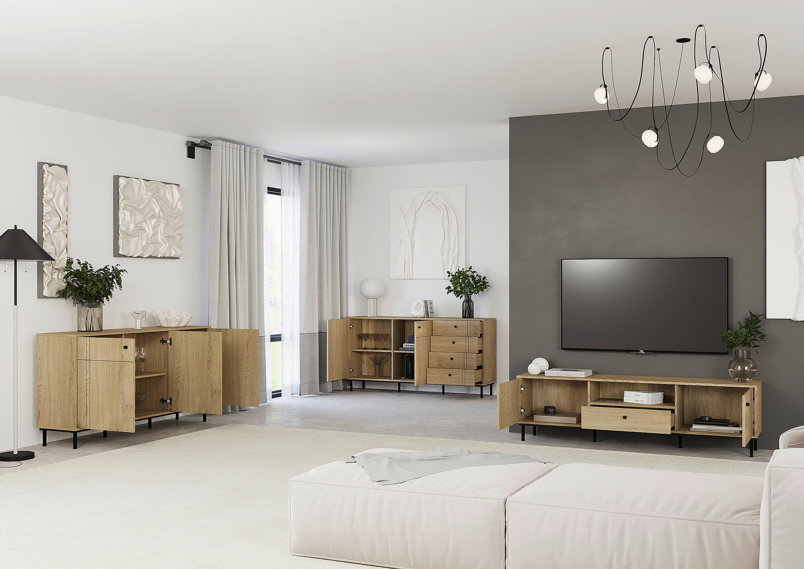 SIDEBOARD  in 160,2/81,8/37 cm  - Eichefarben/Schwarz, MODERN, Holzwerkstoff/Kunststoff (160,2/81,8/37cm) - Carryhome