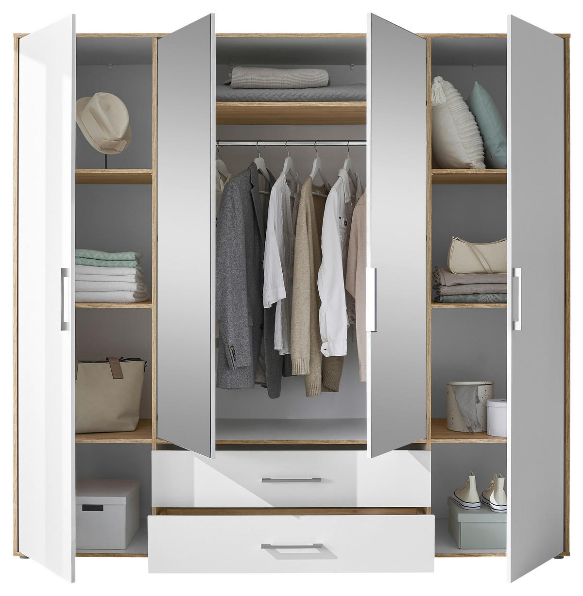 KLEIDERSCHRANK 206/195/60 cm 4-türig Weiß, Eiche Artisan  - Alufarben/Weiß, Basics, Glas/Holzwerkstoff (206/195/60cm)