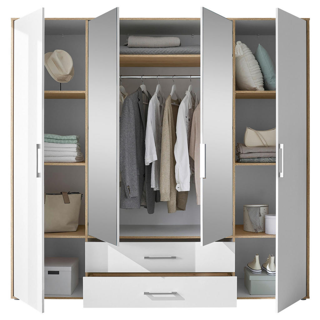 Thumbnail - Kleiderschrank, Weiß, Eiche Artisan, Kunststoff, 7 Fächer, 2 Schubladen, 206x195x60 cm, Schrankfront mit Spiegel, Schlaf...