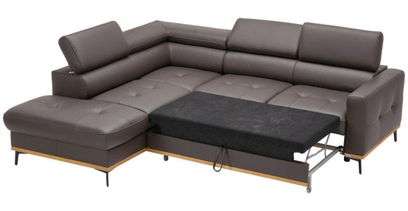 ECKSOFA in Echtleder Dunkelbraun  - Dunkelbraun/Schwarz, Design, Leder/Holz (220/252cm) - Novel