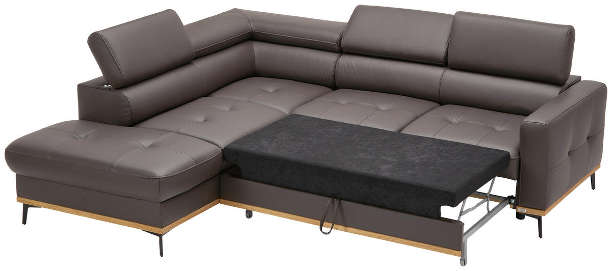 ECKSOFA in Echtleder Dunkelbraun  - Dunkelbraun/Schwarz, Design, Leder/Holz (220/252cm) - Novel