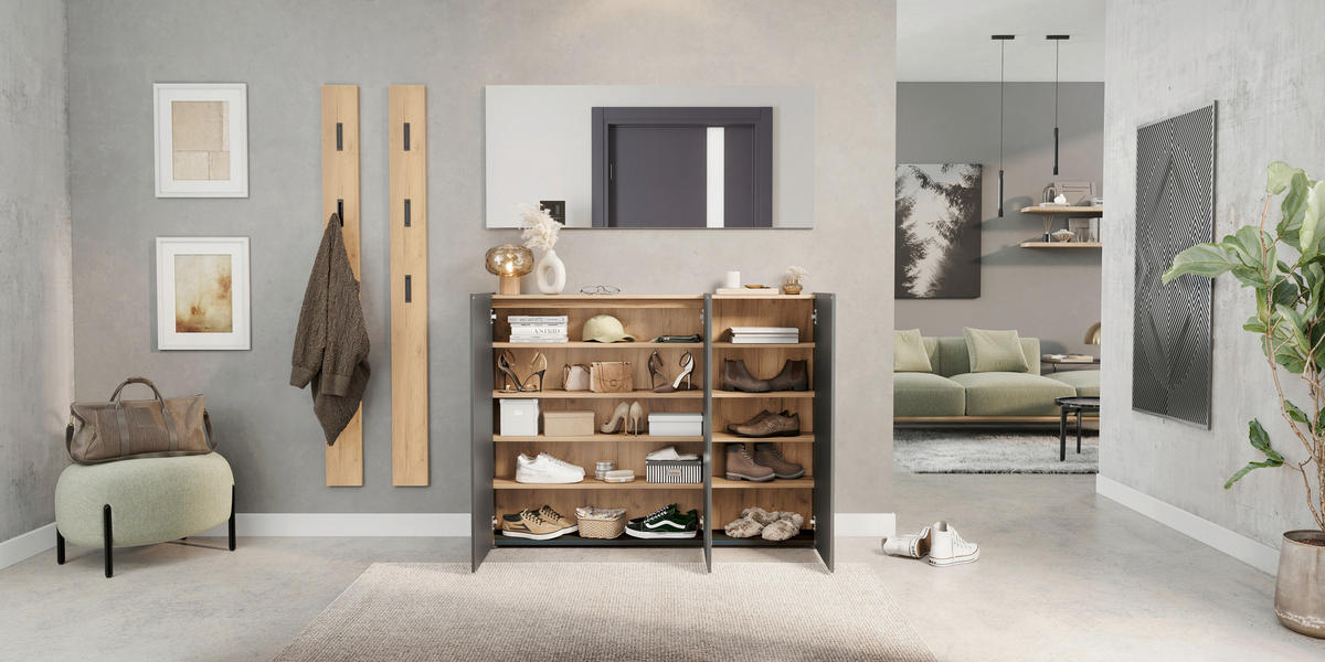 SCHUHSCHRANK Graphitfarben, Eichefarben  - Eichefarben/Schwarz, Design, Holzwerkstoff/Kunststoff (138/105/25cm)