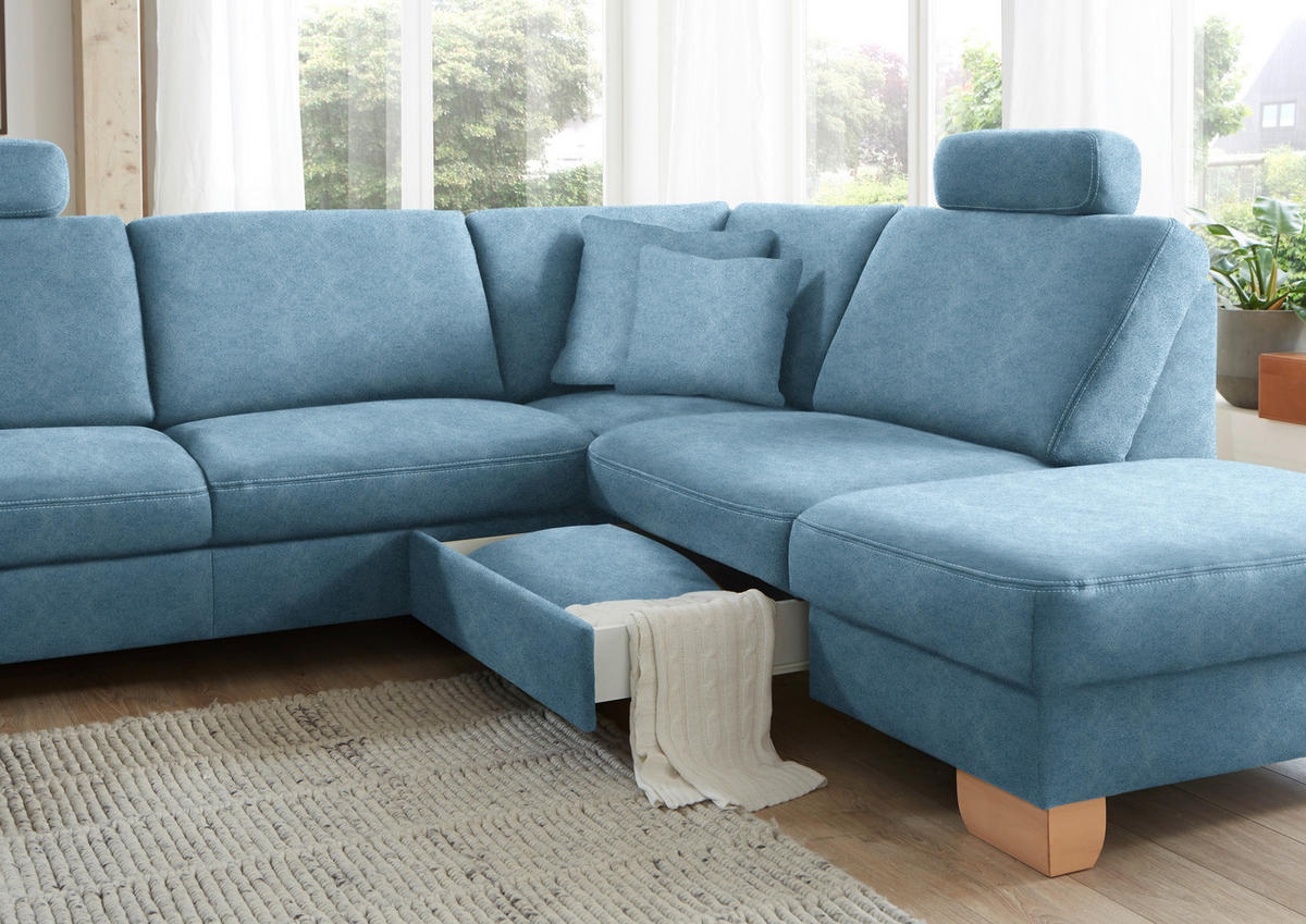 ECKSOFA in Mikrofaser Hellblau  - Wildeiche/Beige, Natur, Holz/Textil (286/236cm) - Voleo