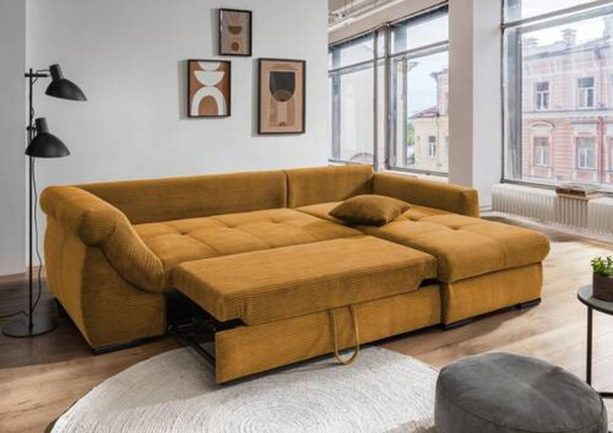 ECKSOFA in Cord Goldfarben  - Goldfarben/Schwarz, Modern, Holz/Textil (302/188cm) - MID.YOU