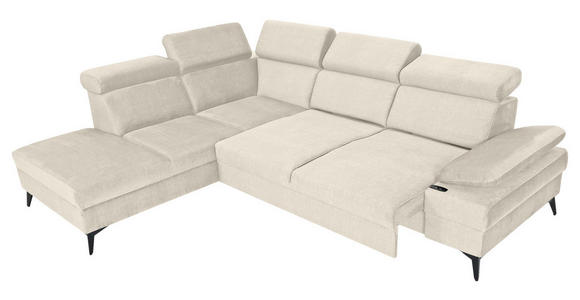 ECKSOFA Greige Flachgewebe Rücken echt, Kopfteilverstellung, Sitzvorzug  - Greige/Schwarz, MODERN, Textil/Metall (210/258cm) - Landscape