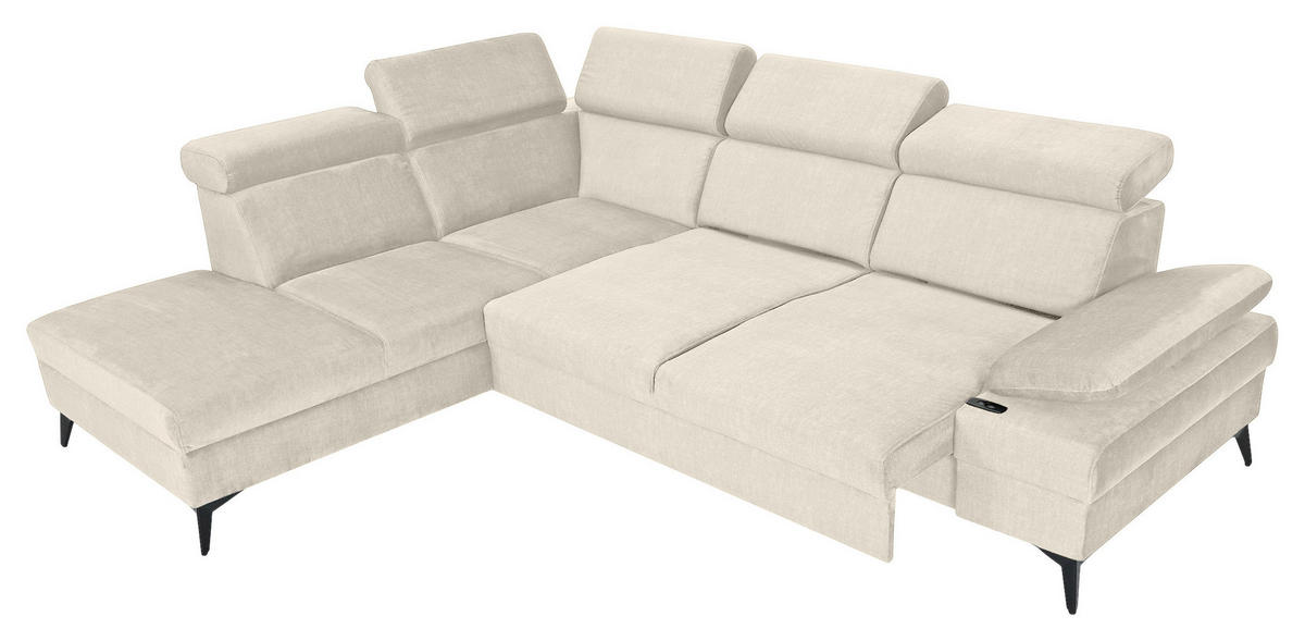 ECKSOFA Greige Flachgewebe Rücken echt, Kopfteilverstellung, Sitzvorzug  - Greige/Schwarz, MODERN, Textil/Metall (210/258cm) - Landscape