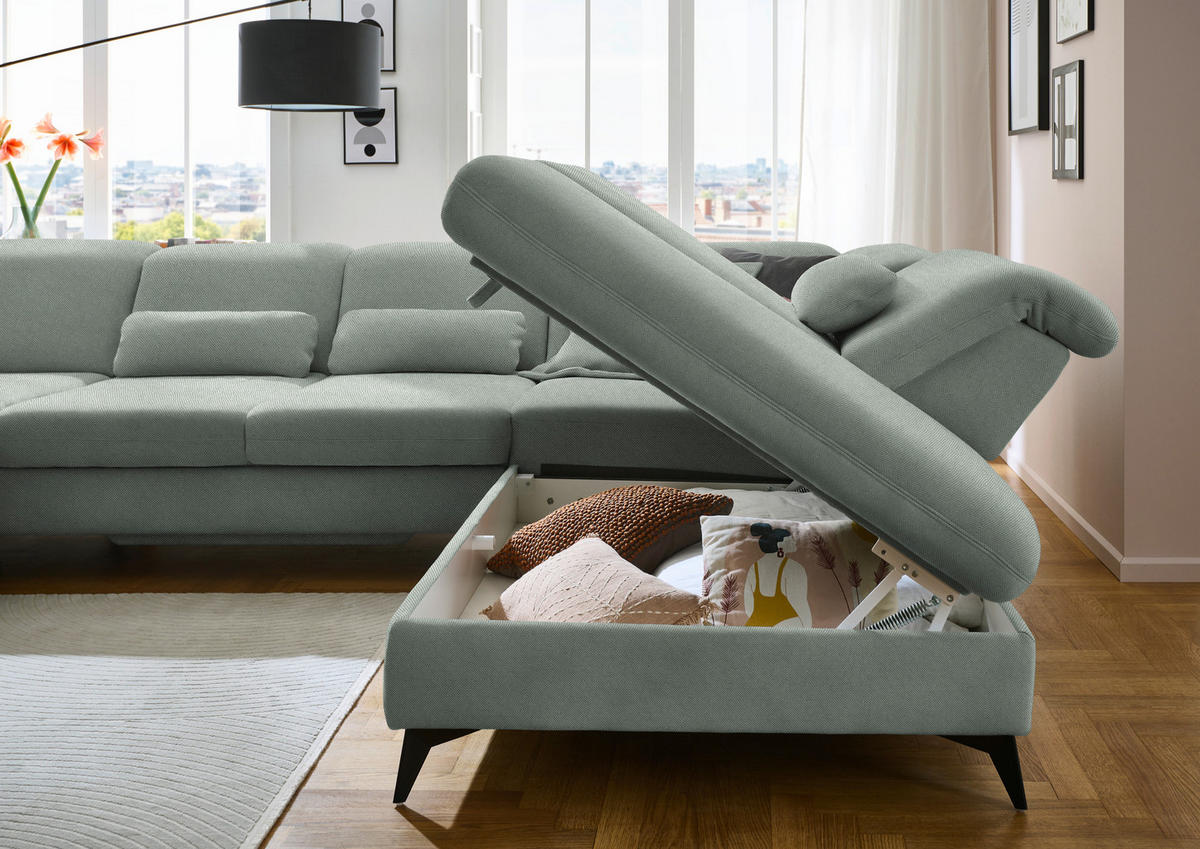 WOHNLANDSCHAFT Chenille Hellgrau  - Hellgrau/Schwarz, Design, Textil/Metall (198/364/255cm) - Beldomo Style