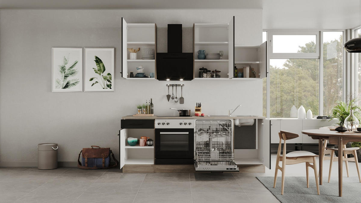 KUCHYŇSKÁ LINKA CAPRI 220 - černá/barvy dubu, Moderní, kov/kompozitní dřevo (220cm) - FlexWell