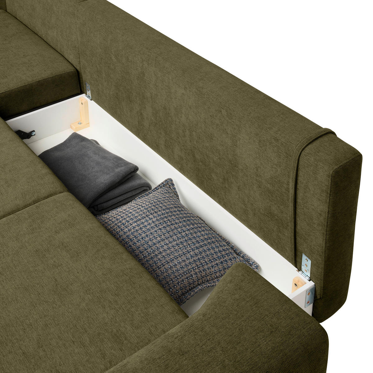 ECKSOFA inkl. Funktionen Olivgrün Webstoff Rückenkissen, Bettkasten, Schlaffunktion, Rücken echt  - Wengefarben/Schwarz, Design, Holz/Textil (211/314cm) - Stylife