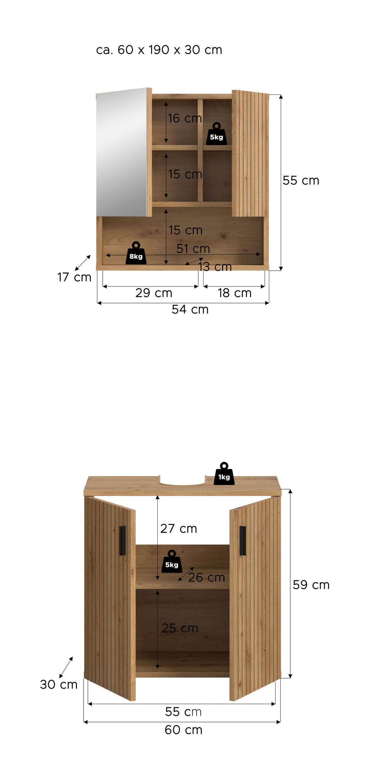 BADEZIMMER 2-teilig  in 60 cm  - Eiche Artisan, Basics, Holzwerkstoff/Kunststoff (60cm) - MID.YOU