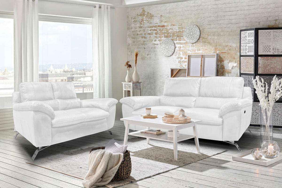 2,5-SITZER Kombination Echtleder/Lederlook Weiß  - Silberfarben/Weiß, Design, Leder/Metall (216/97/95-151cm) - Livetastic