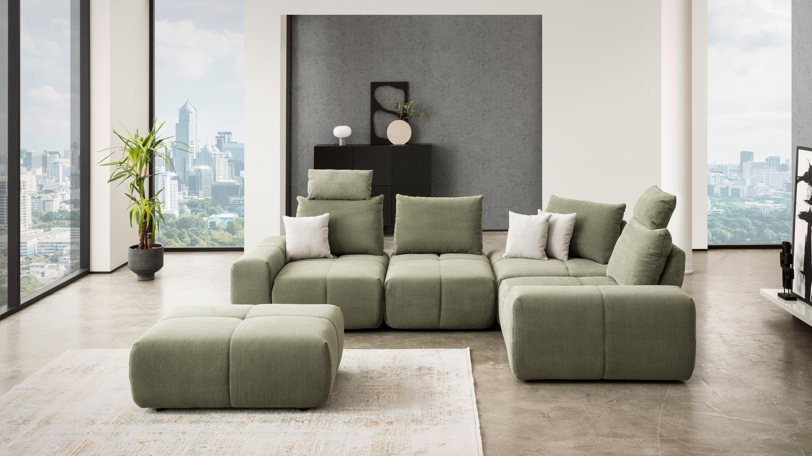 ECKSOFA in Velours Olivgrün  326/236 cm  - Schwarz/Olivgrün, Design, Kunststoff/Textil (326/236cm) - Xora
