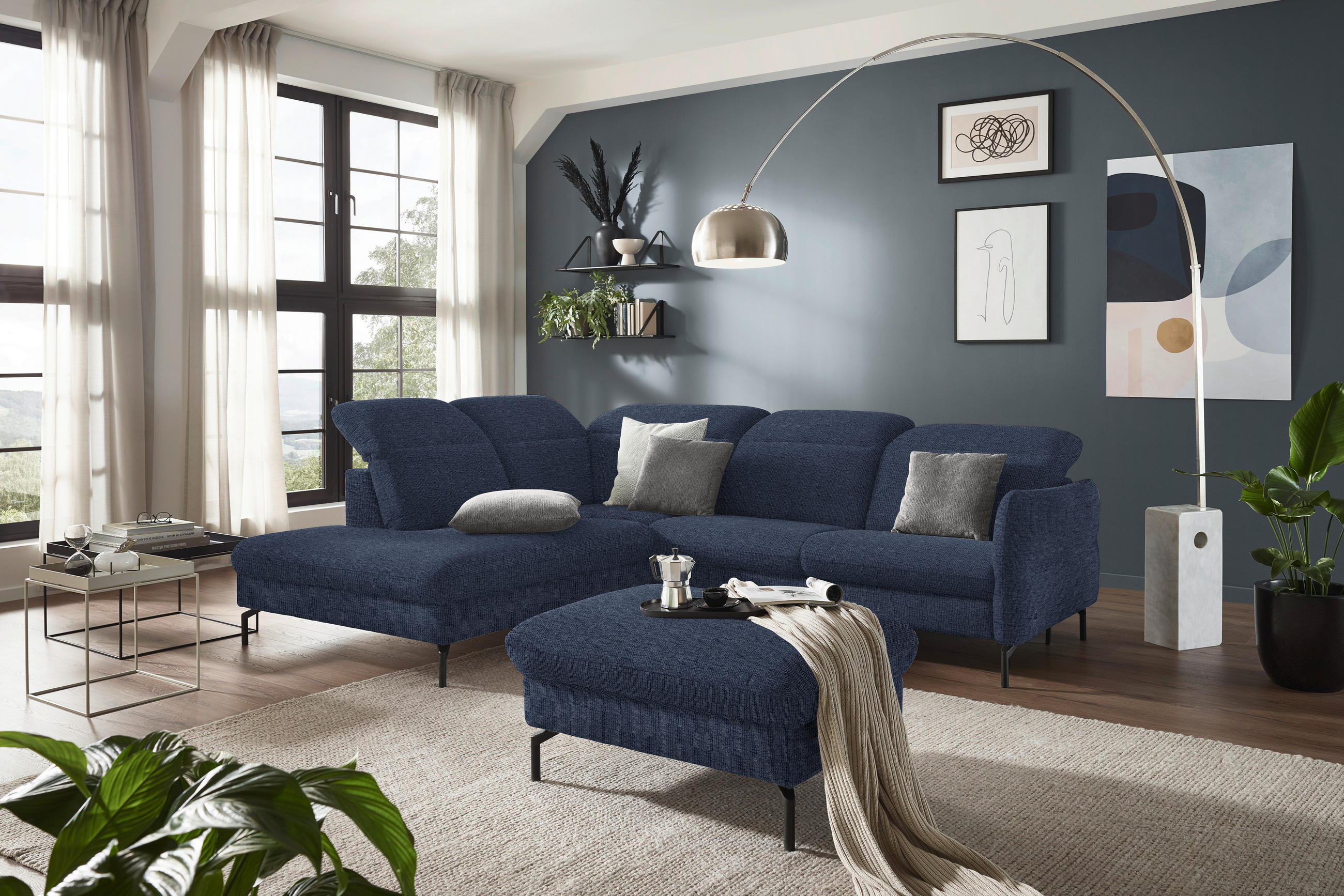 ECKSOFA in Flachgewebe Dunkelblau  - Schwarz/Dunkelblau, Design, Textil/Metall (233/299-313cm) - Dieter Knoll