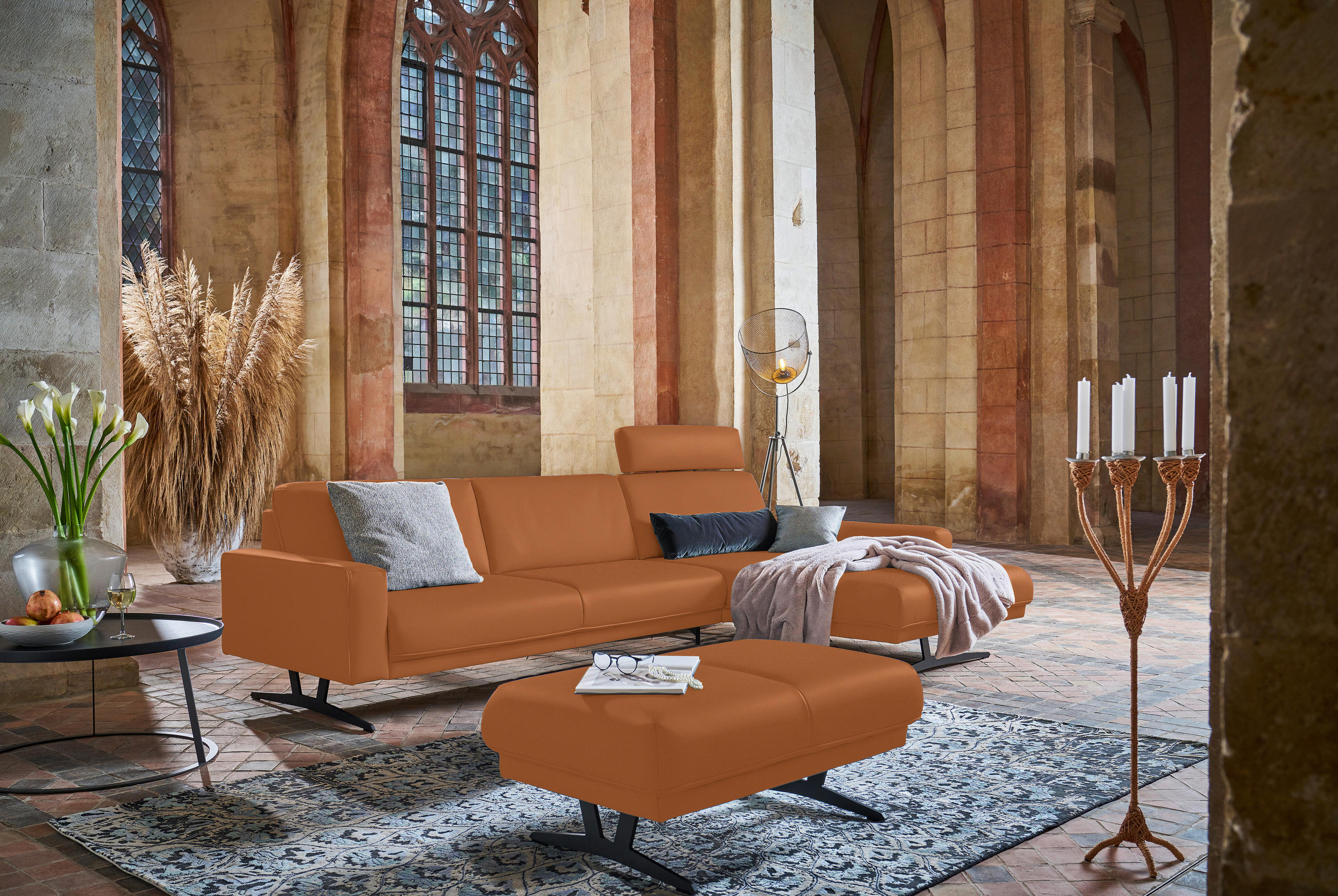 ECKSOFA in Echtleder Cognac  - Cognac/Anthrazit, Konventionell, Leder/Metall (324/179cm) - Johann Jakob