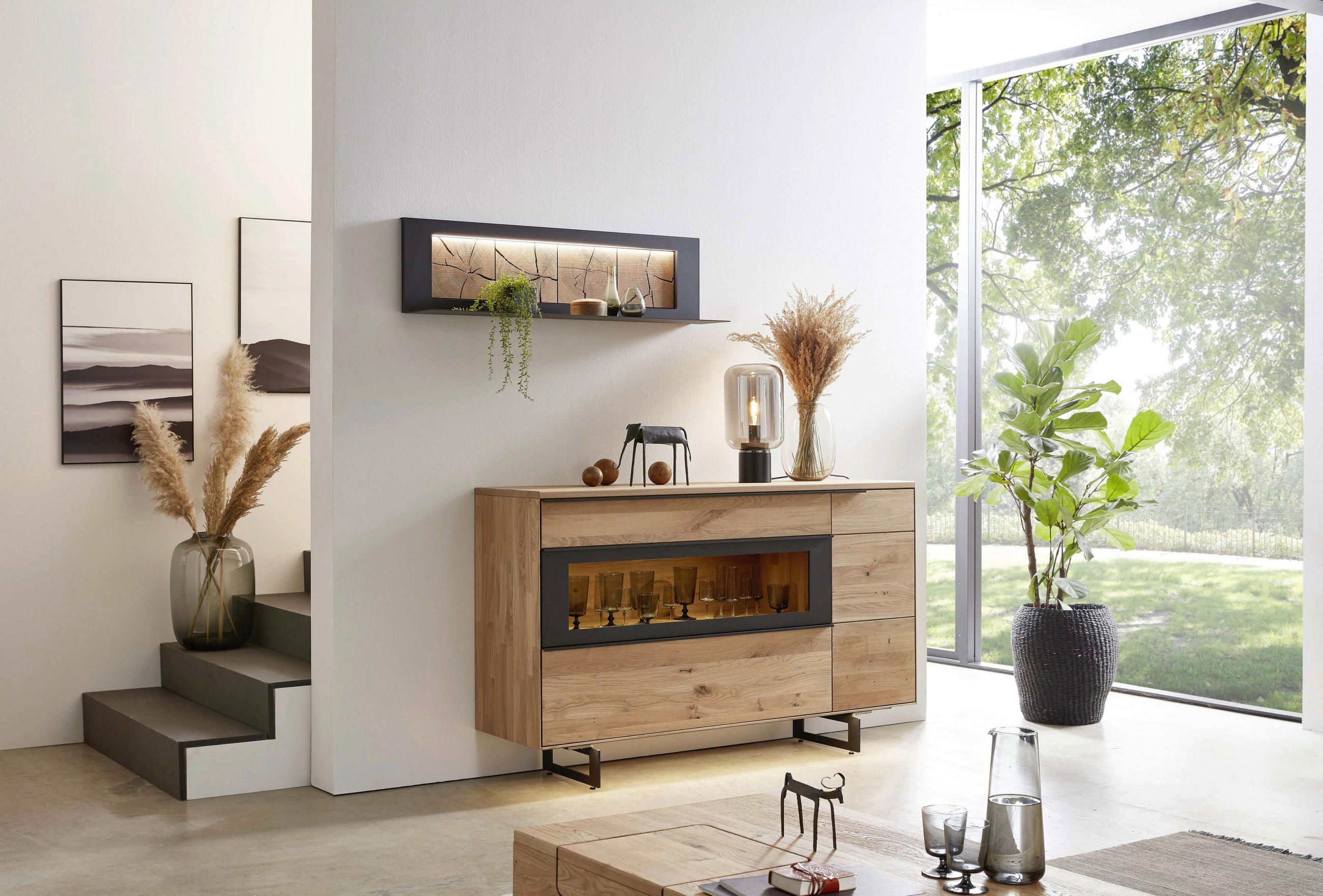 SIDEBOARD  in 161,9/99,9/45,2 cm  - Eichefarben/Schwarz, Design, Glas/Holz (161,9/99,9/45,2cm) - Valdera
