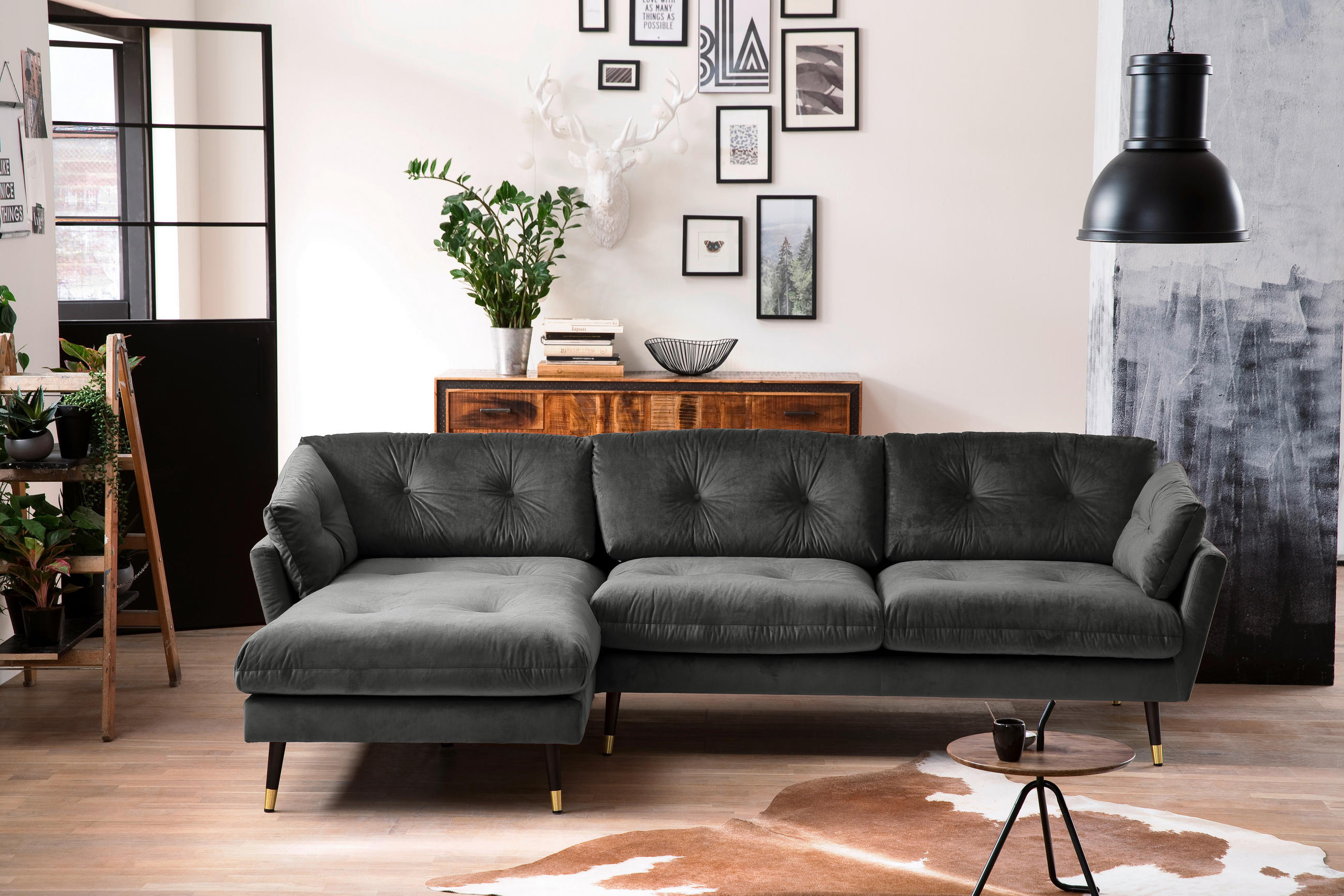 ECKSOFA Eckteil  JAPAN-REC.2S Anthrazit Samt  - Anthrazit, MODERN, Holz/Textil (269/155cm) - MID.YOU