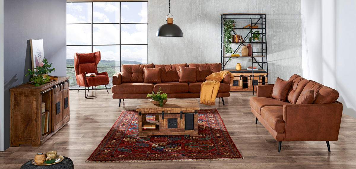 3-SITS SOFFA i läderimitation cognacfärgad  - cognacfärgad/svart, Design, trä/textil (257/89/92cm) - MID.YOU