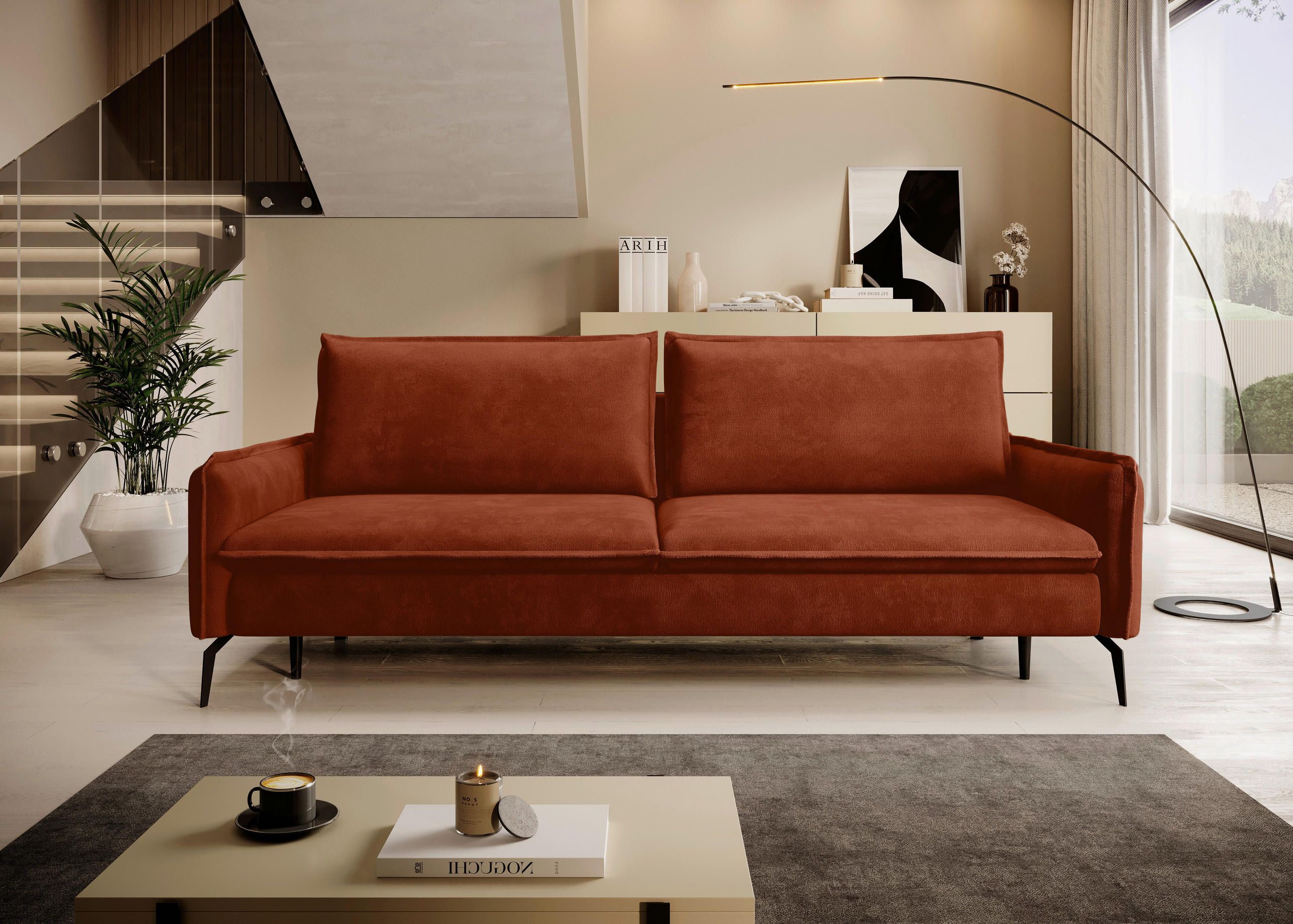SCHLAFSOFA Chenille Terracotta  - Terracotta/Schwarz, KONVENTIONELL, Textil/Metall (223/89/107cm) - Carryhome
