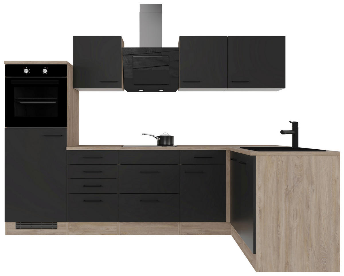 ECKKÜCHE 280/170 cm  in Schwarz, Eichefarben  - Eichefarben/Schwarz, Basics, Holzwerkstoff/Metall (280/170cm) - FlexWell