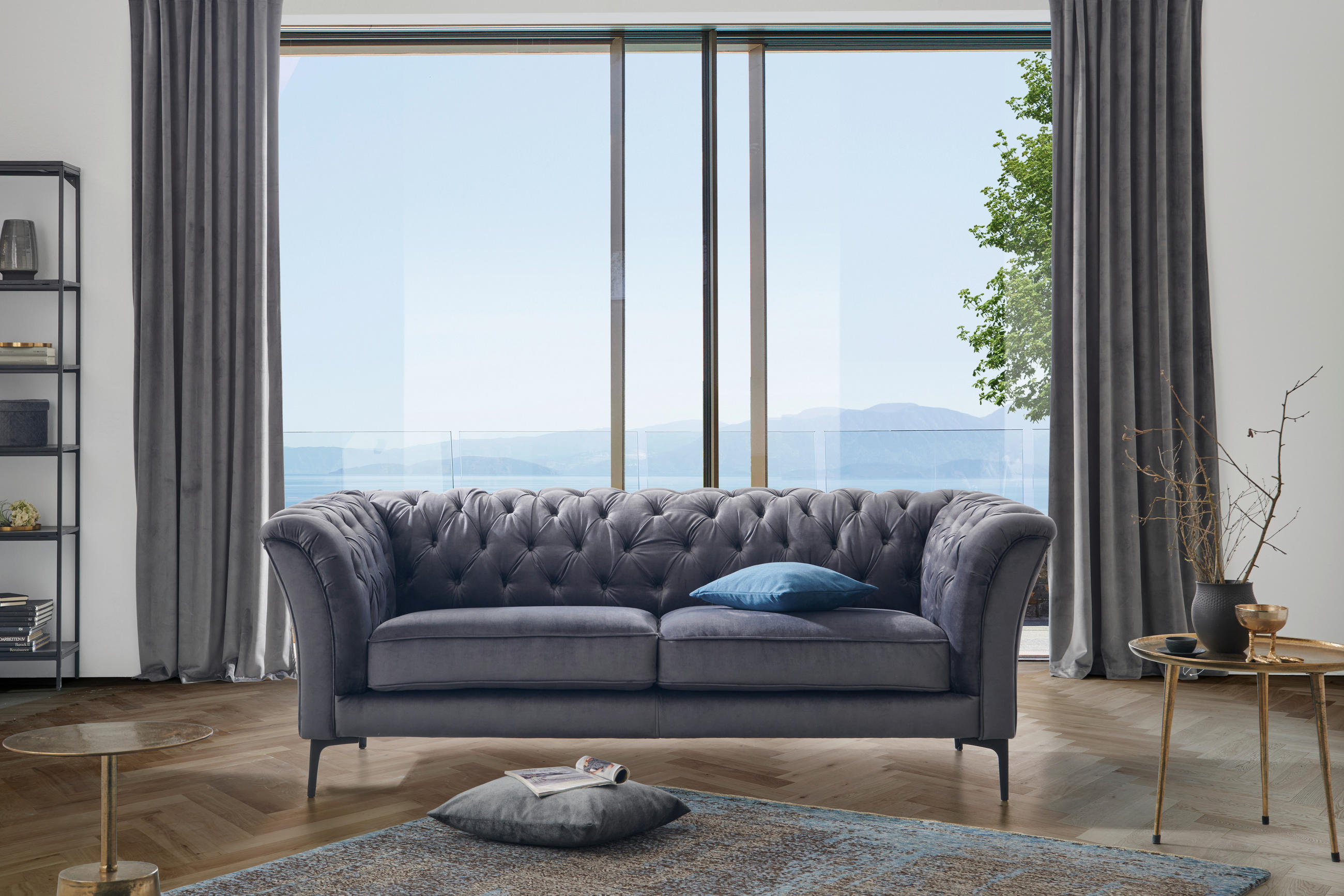 CHESTERFIELD-MEGASOFA Anthrazit Flachgewebe  - Anthrazit/Schwarz, LIFESTYLE, Textil/Metall (220/80/100cm) - Landscape