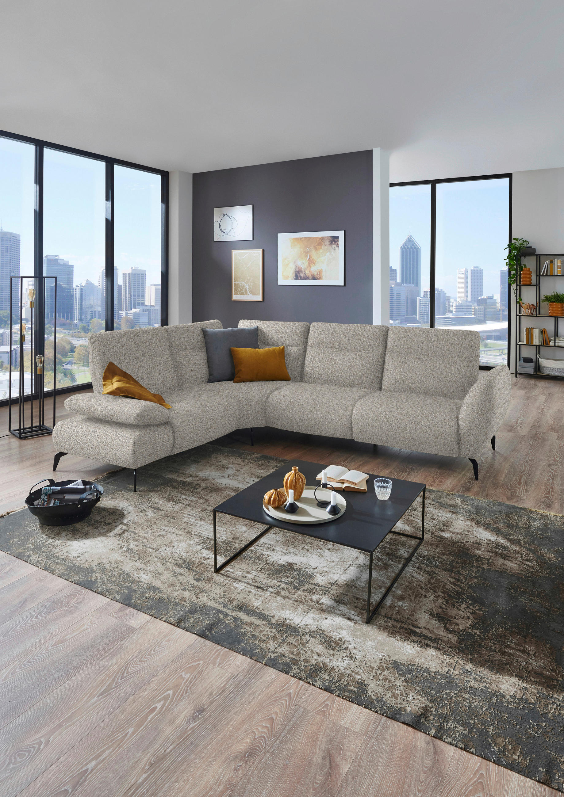 ECKSOFA in Webstoff Silberfarben  - Silberfarben/Schwarz, Design, Textil/Metall (223/290cm) - Moderano