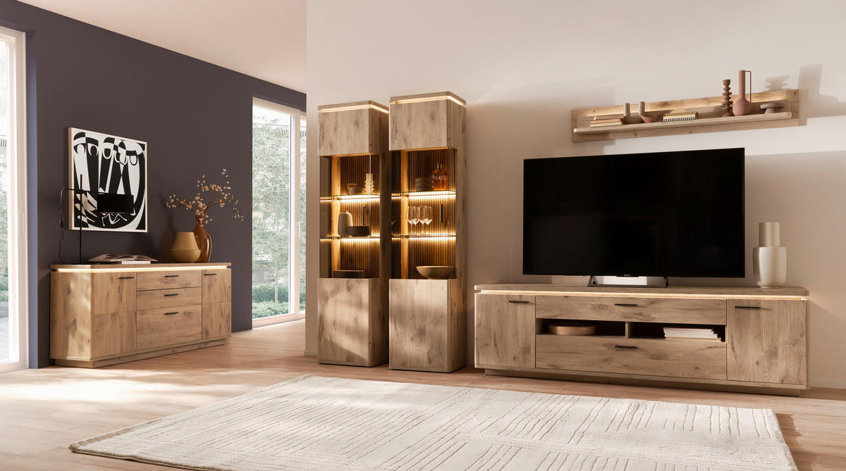 WOHNWAND 4-teilig  in Eichefarben  330/208/50 cm  - Eichefarben/Anthrazit, KONVENTIONELL, Glas/Holzwerkstoff (330/208/50cm) - Cantus