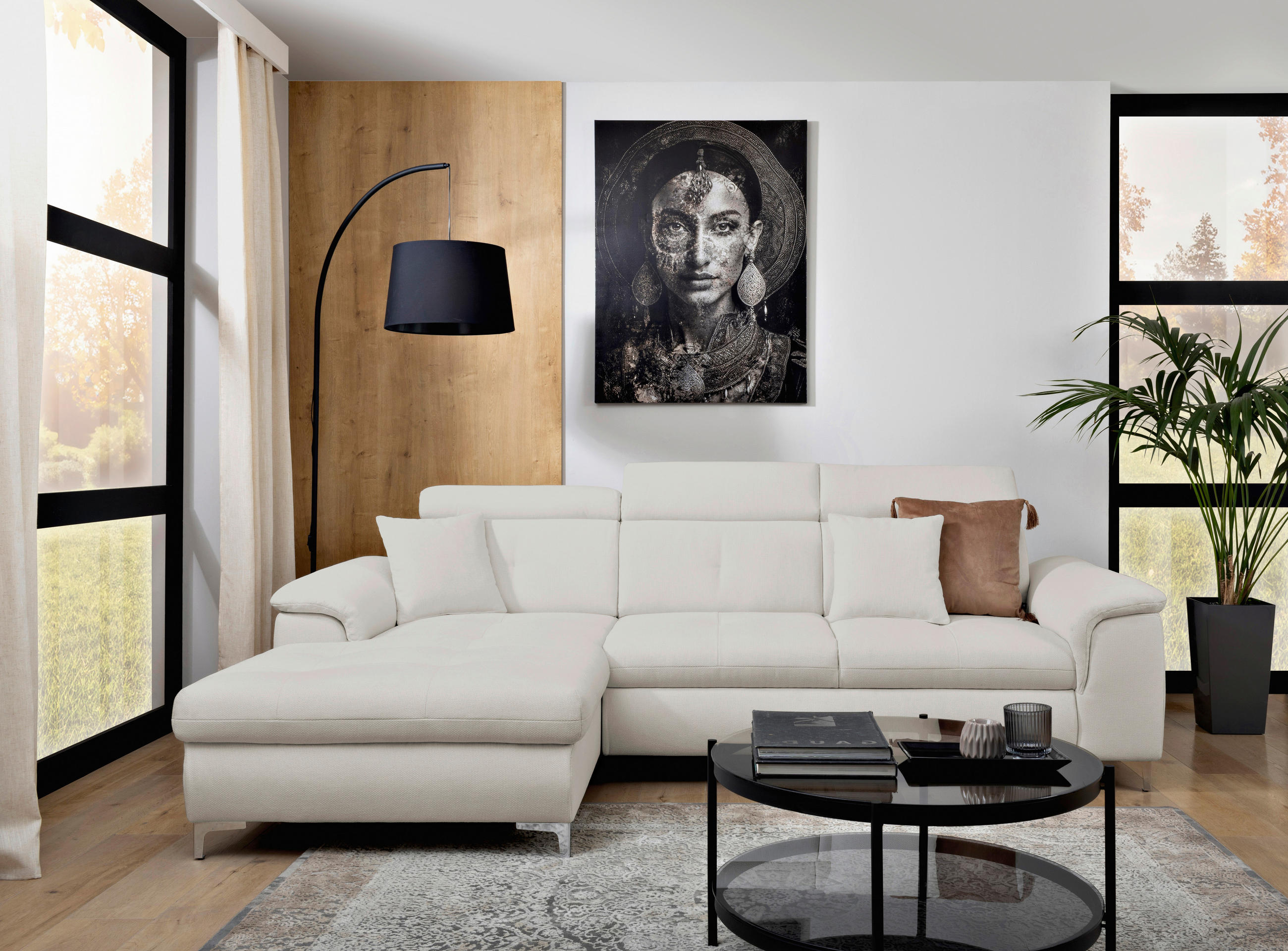 Thumbnail - Carryhome Ecksofa, Greige, Textil, 3-Sitzer, Füllung: Schaumstoff, Silikon, Ottomane links, L-Form, 268x175 cm, Liegefun...