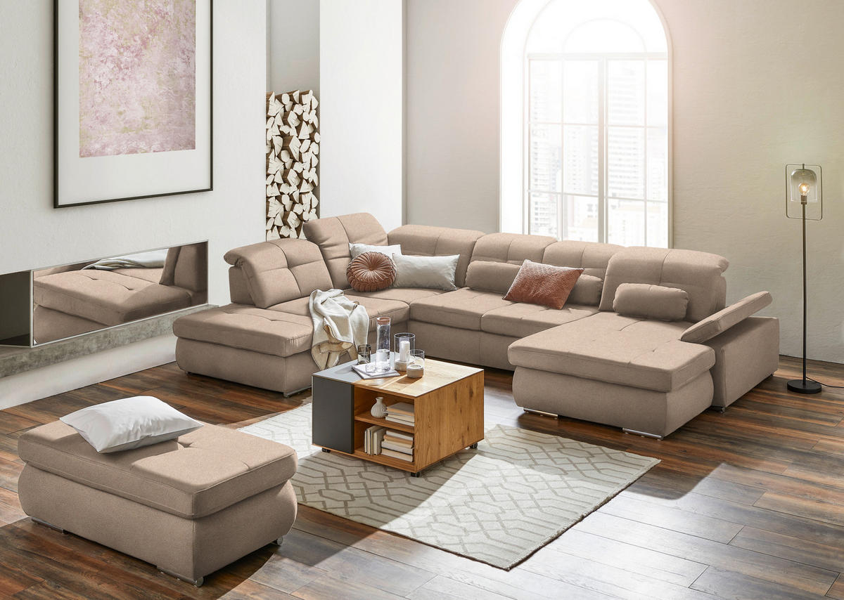 WOHNLANDSCHAFT  in Mikrofaser Beige  - Chromfarben/Beige, Design, Holzwerkstoff/Textil (260/371/195cm) - Beldomo Style