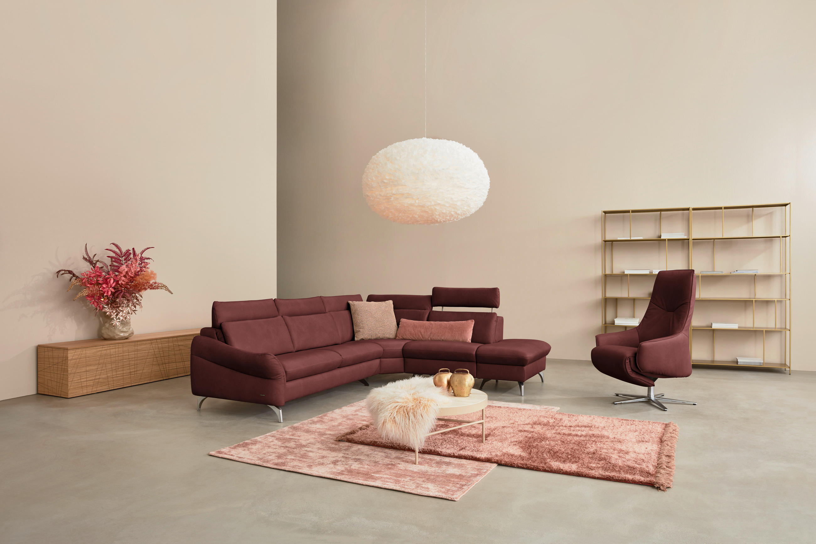 ECKSOFA in Echtleder Rotbraun  - Edelstahlfarben/Rotbraun, Konventionell, Leder/Metall (296/242cm) - Himolla Komfortklass