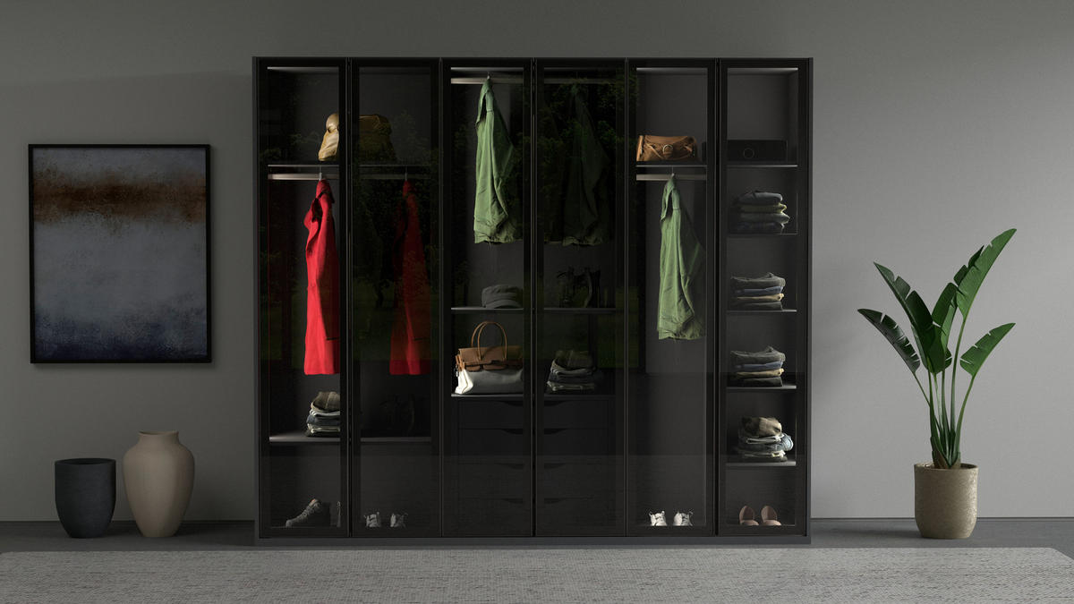KLEIDERSCHRANK 251/220/60 cm,  in Anthrazit, 6-türig  - Anthrazit, KONVENTIONELL, Glas/Holzwerkstoff (251/220/60cm) - Chameo