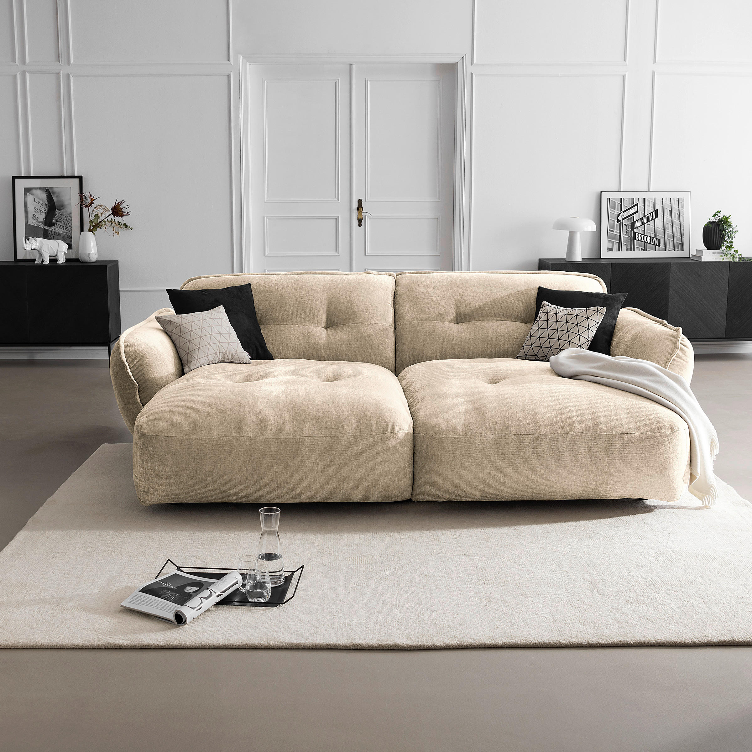 BIGSOFA Chenille Creme  - Creme/Schwarz, MODERN, Kunststoff/Textil (285/87/184cm) - Livetastic