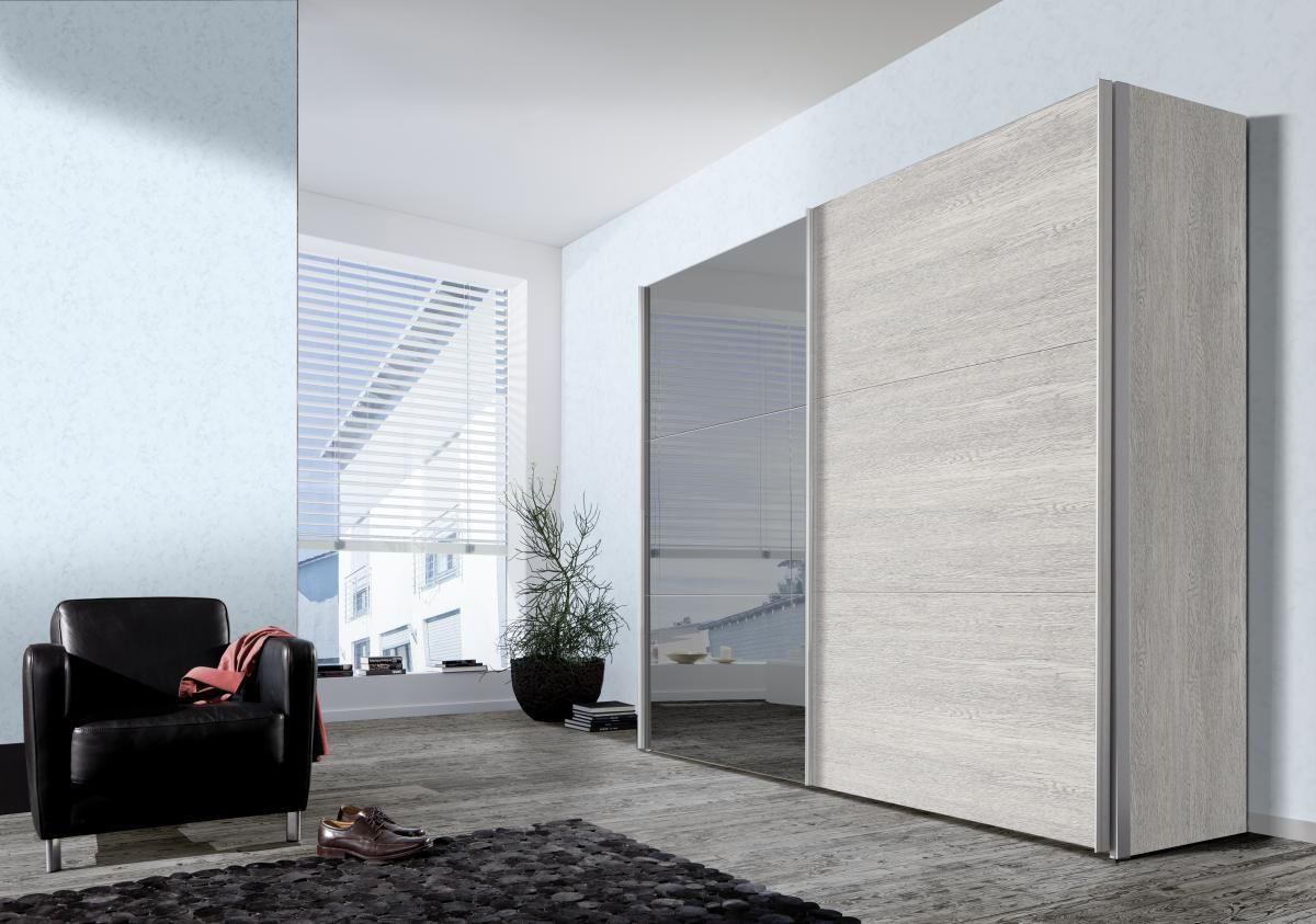 SCHWEBETÜRENSCHRANK 200/216/68 cm 2-türig - Eichefarben/Alufarben, Design, Glas/Holzwerkstoff (200/216/68cm) - Hom`in