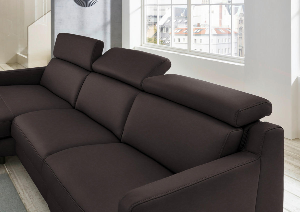 ECKSOFA Echtleder Mokka  - Chromfarben/Mokka, Design, Leder/Metall (176/291cm) - Valdera