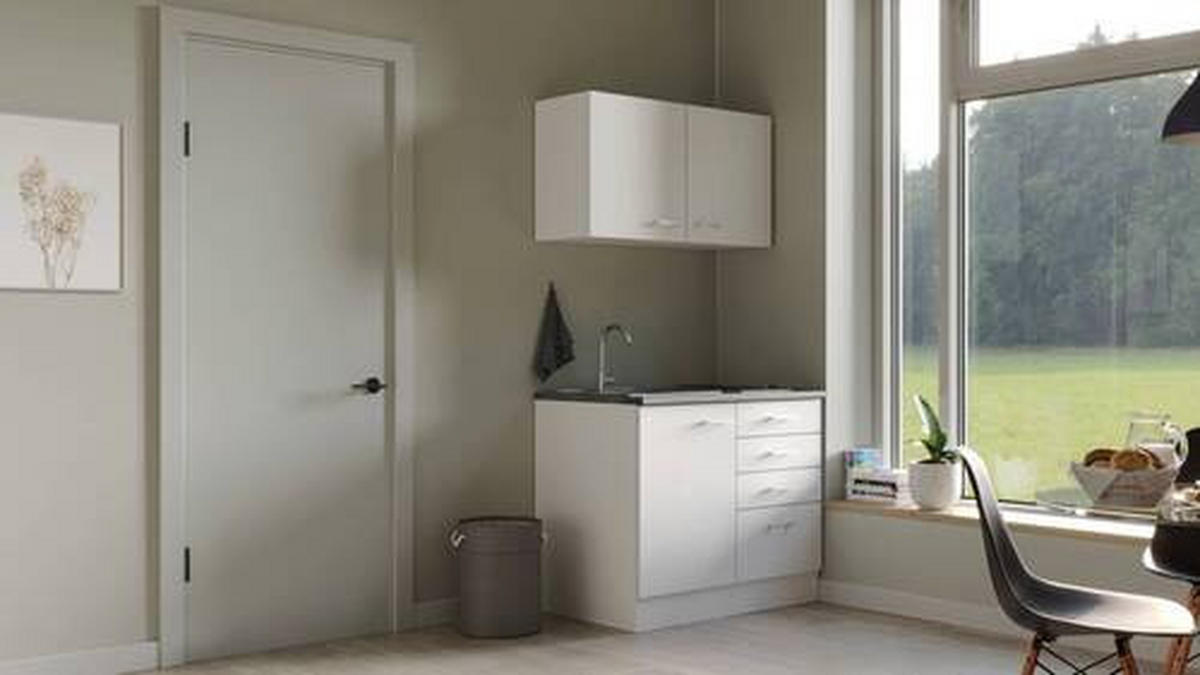 MINIKÜCHE 100 cm   in Weiß  - Graubraun/Alufarben, MODERN, Holzwerkstoff/Kunststoff (100cm) - FlexWell