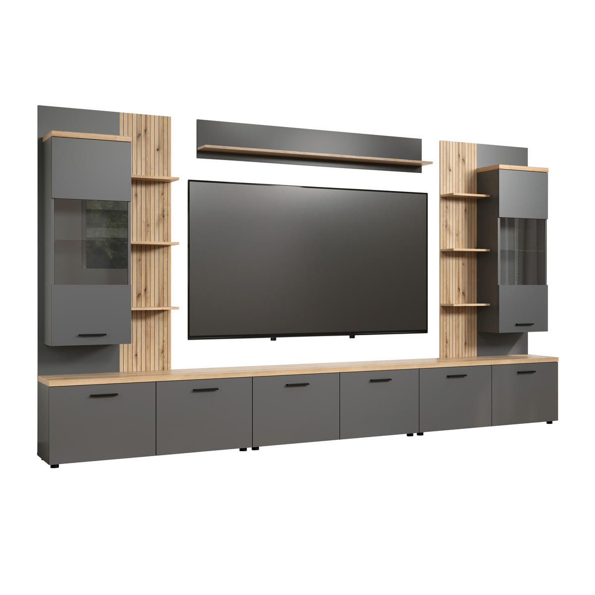 WOHNWAND 6-teilig  in Anthrazit, Eichefarben  360/212/40 cm  - Eichefarben/Anthrazit, Design, Glas/Holzwerkstoff (360/212/40cm) - MID.YOU