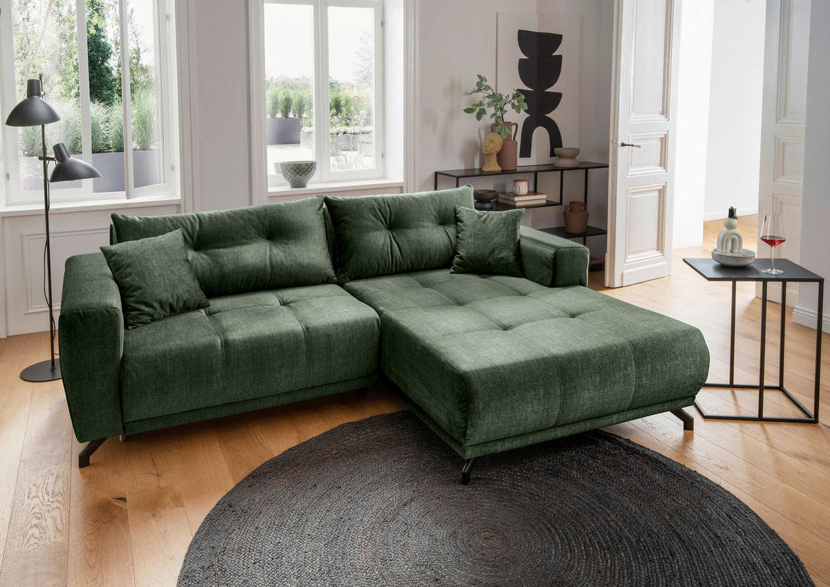 ECKSOFA in Velours Dunkelgrün  246/177 cm  - Dunkelgrün/Schwarz, MODERN, Textil/Metall (246/177cm) - MID.YOU