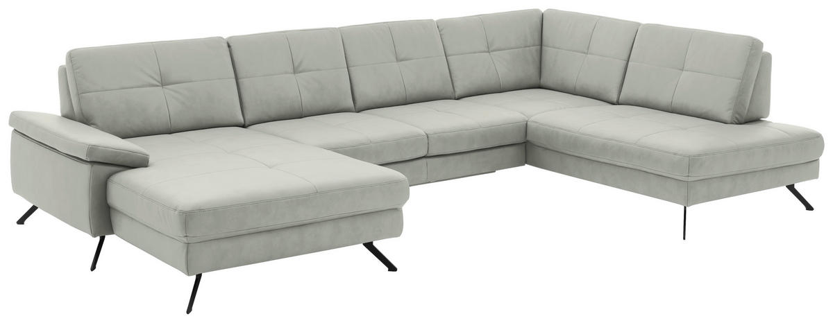 WOHNLANDSCHAFT in Lederlook, Mikrofaser Hellgrau  - Hellgrau/Schwarz, Design, Textil/Metall (179/343/220cm) - Beldomo System
