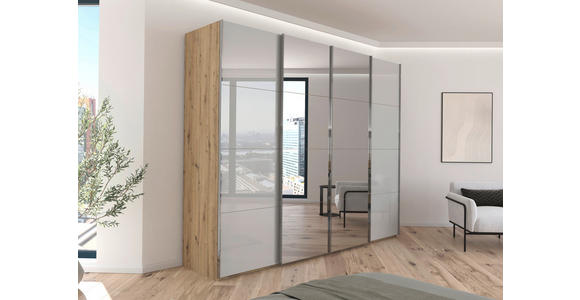 SCHWEBETÜRENSCHRANK  in Eiche Artisan, Seidengrau  - Chromfarben/Seidengrau, Design, Glas/Holzwerkstoff (271/223/68cm) - Novel