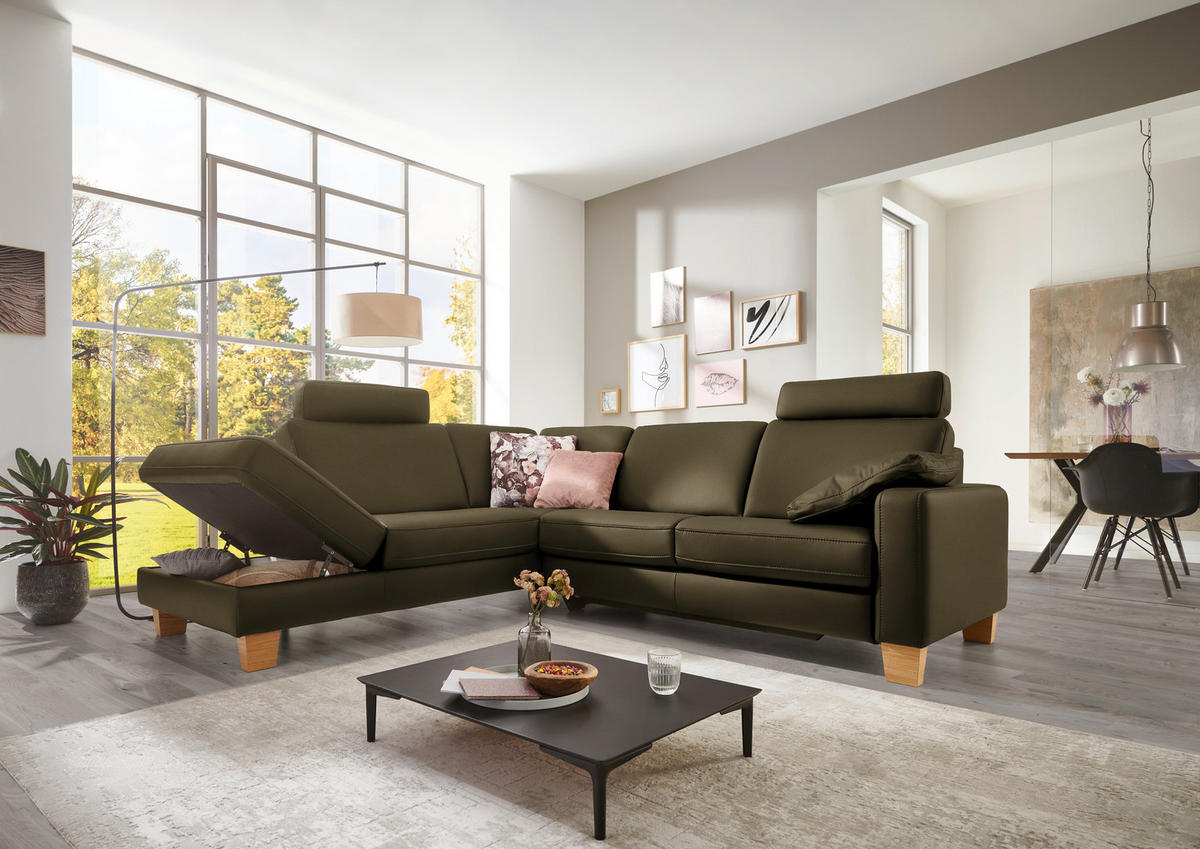ECKSOFA in Echtleder Olivgrün  - Eiche Bianco/Olivgrün, Konventionell, Leder/Holz (235/257cm) - Valdera