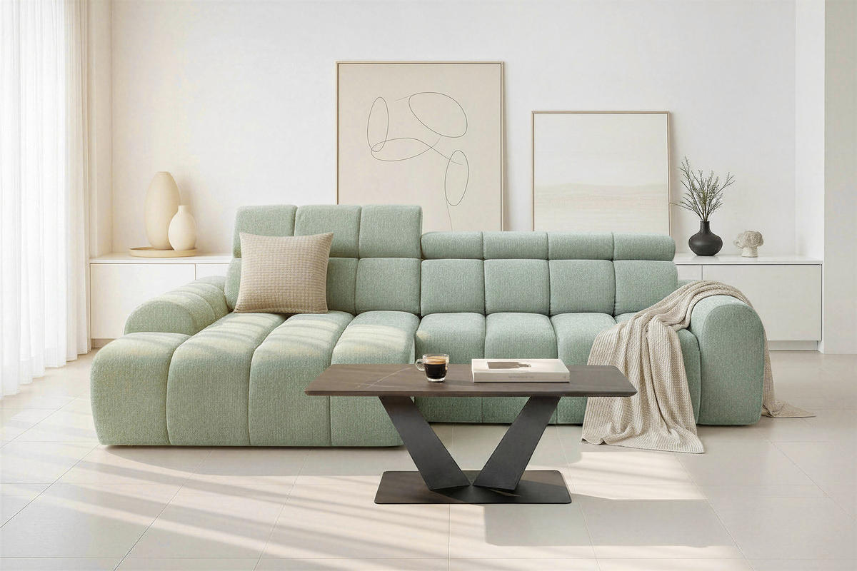 ECKSOFA Salbeigrün Chenille Bettkasten, Rücken echt, Relaxfunktion, Kopfteilverstellung  - Salbeigrün/Schwarz, Design, Kunststoff/Textil (152/290cm) - Stylife