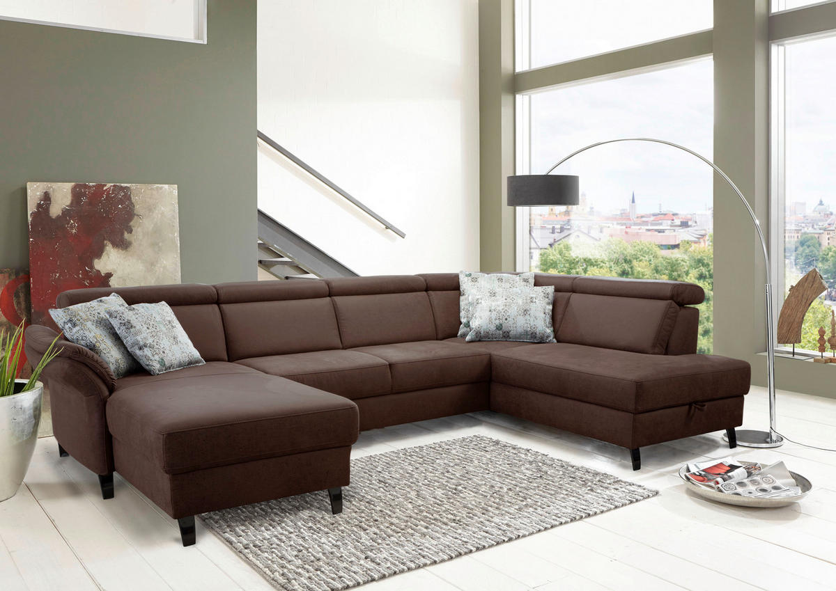 WOHNLANDSCHAFT Cognac Mikrofaser  - Cognac/Schwarz, KONVENTIONELL, Textil/Metall (165/317/193cm) - Sit & More