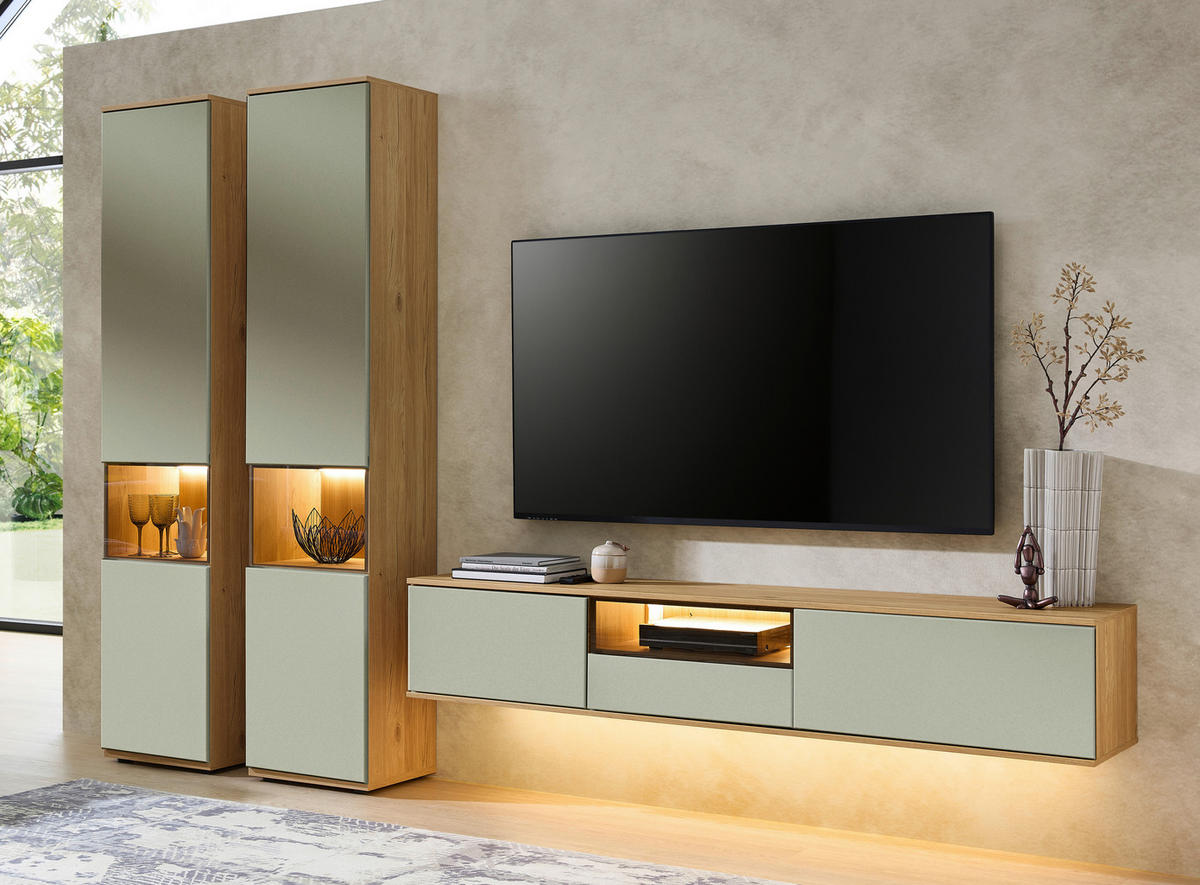 WOHNWAND  in Eichefarben, Schilfgrün  315/215/40 cm  - Schilfgrün/Eichefarben, KONVENTIONELL, Glas/Holzwerkstoff (315/215/40cm) - Venda