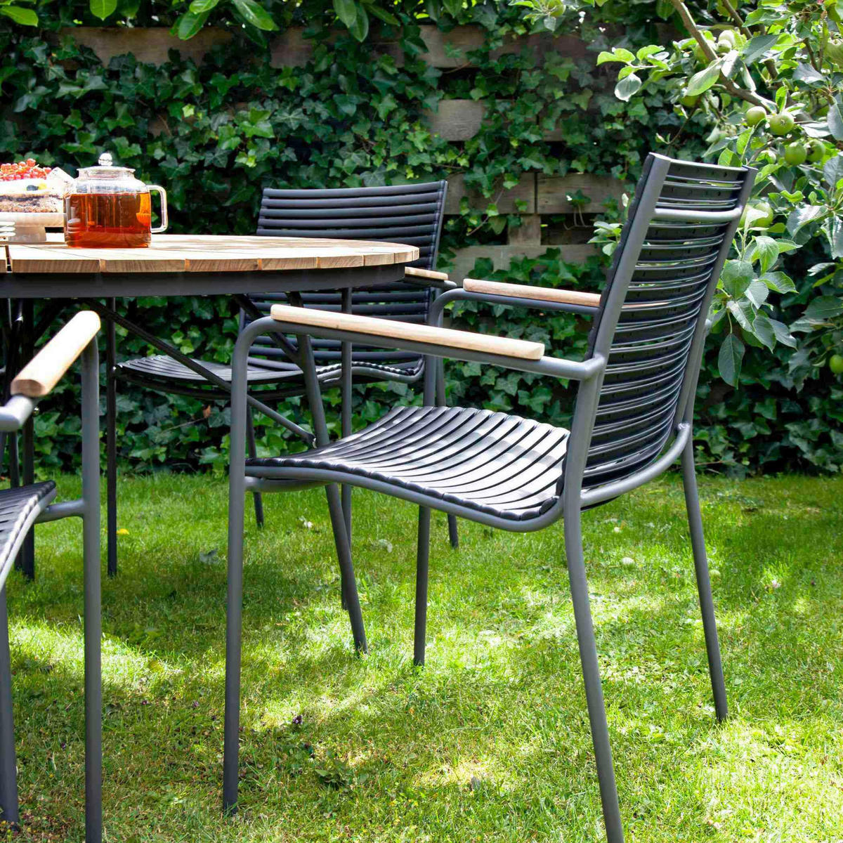GARTENTISCHGRUPPE Teakholzvollmassiv  - Anthrazit/Schwarz, Natur, Holz/Kunststoff - Gardenson