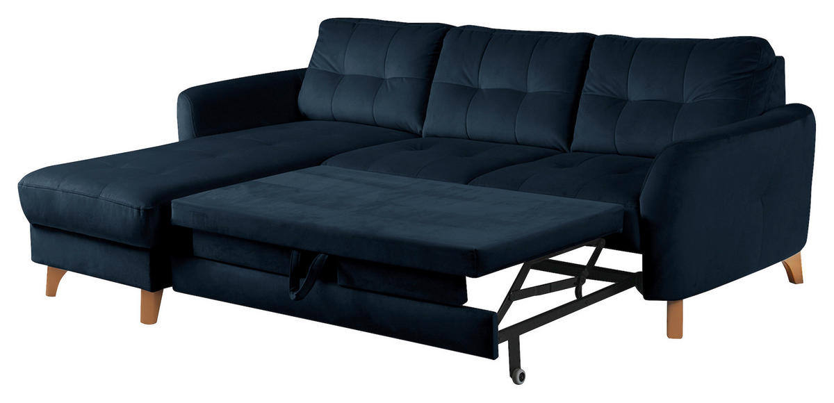 ECKSOFA Dunkelblau Samt Bettkasten, Schlaffunktion, Liegefläche im Originalstoff  - Buchefarben/Dunkelblau, Design, Holz/Textil (168/238cm) - Livetastic